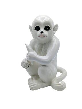 Vintage Italian Porcelain Monkey with Banana 12" Tall White Glazed Ceramic Italy